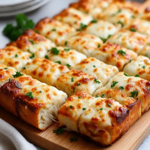 A wooden cutting board with slices of garlic bread.
