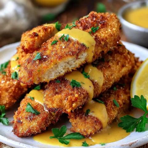 Crispy baked chicken tenders with a lemon wedge.