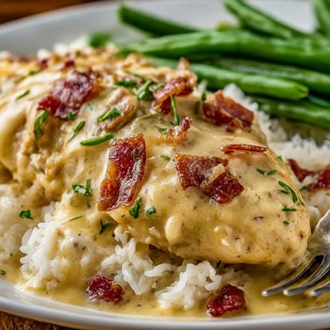A plate of smothered chicken with rice.