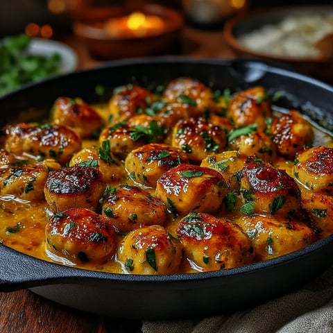 A skillet of butter chicken with a spoon in it.