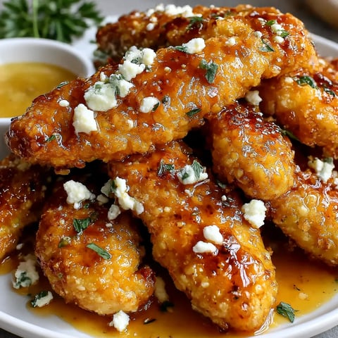 A plate of fried chicken with feta cheese and honey.
