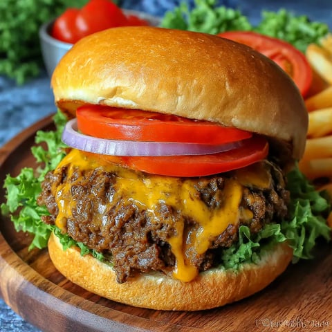 A cheeseburger with tomatoes and onions.