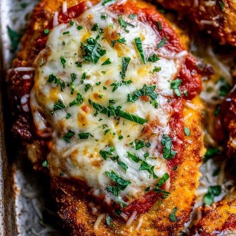Crispy chicken parmesan with cheese and herbs.
