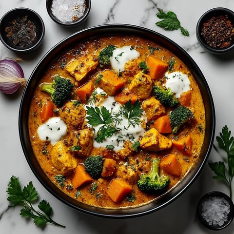 A bowl of chicken and vegetables.