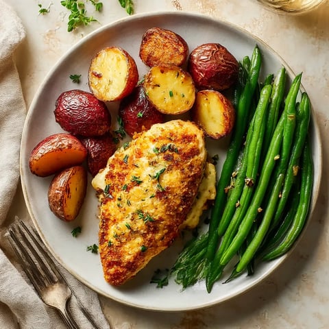 A plate of food with chicken, potatoes, and green beans.