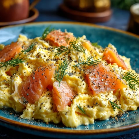 A plate of scrambled eggs with smoked salmon on top.