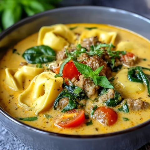 A bowl of creamy sausage tortellini soup.
