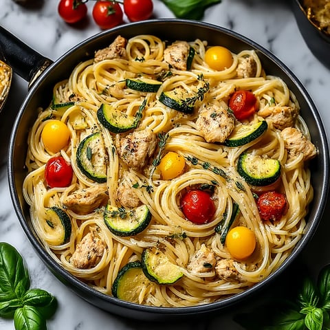 A bowl of chicken, zucchini, and pasta.