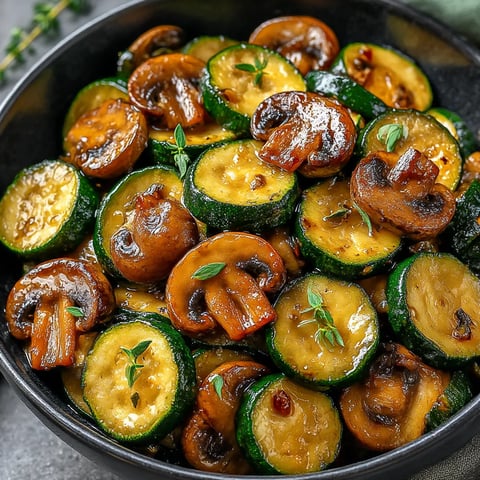 A bowl of cooked zucchini and mushrooms.