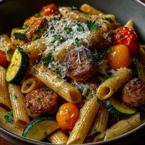 A bowl of pasta with tomatoes, zucchini, and sausage.