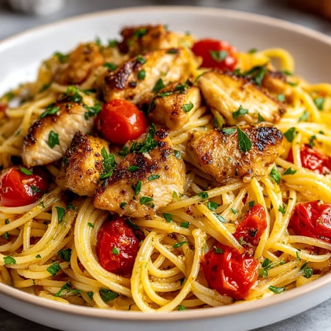 A plate of chicken and tomatoes.