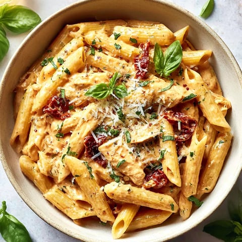 A bowl of pasta with sauce and cheese.