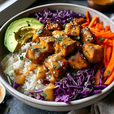 A bowl of food with rice, meat, and vegetables.