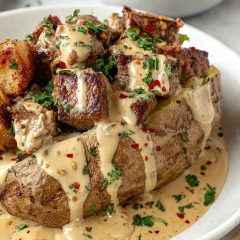 A plate of food with a potato and meat.
