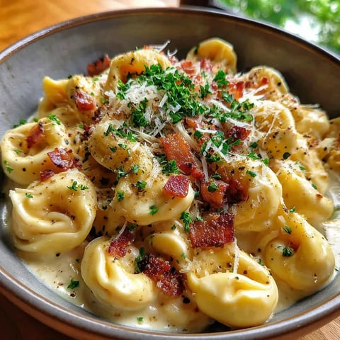 A bowl of pasta with cheese and bacon.