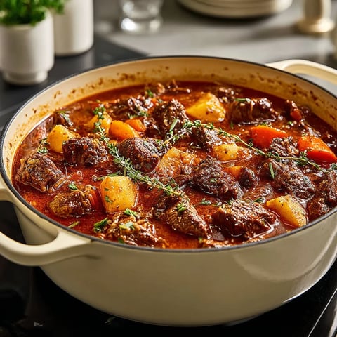 A pot of beef stew with carrots and potatoes.