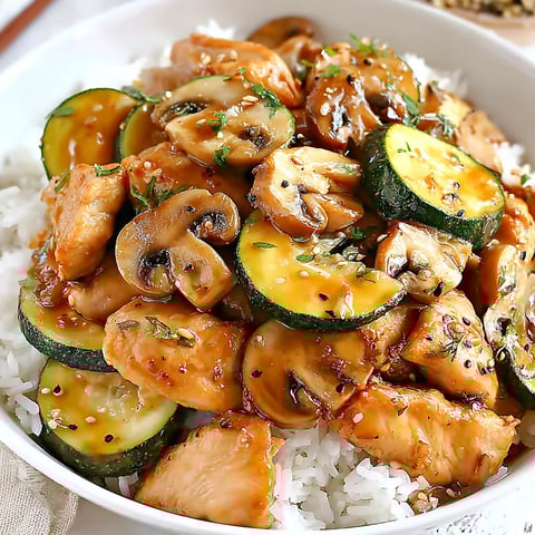 A bowl of food with chicken, mushrooms, and zucchini.