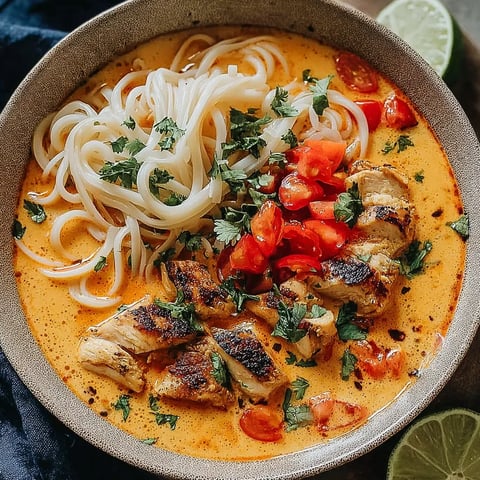 A bowl of noodles and meat with tomatoes and limes.