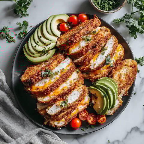 A plate of food with chicken, avocado, tomato, and cucumber.