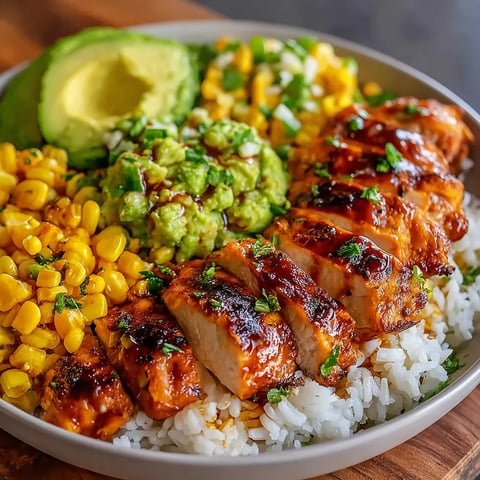 A plate of food with rice, chicken, corn, and avocado.