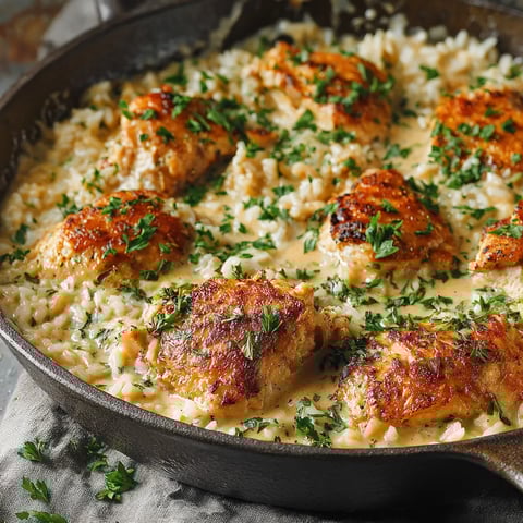 A pan of food with chicken and rice.