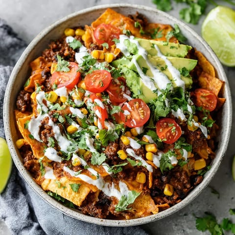 A bowl of nachos with tomatoes, cheese, and avocado.