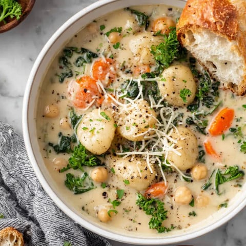 A bowl of soup with vegetables and cheese.