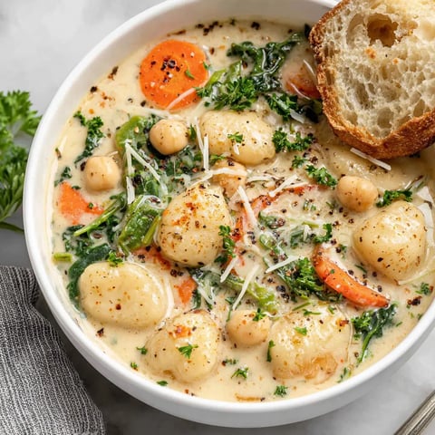 A bowl of soup with vegetables and bread.