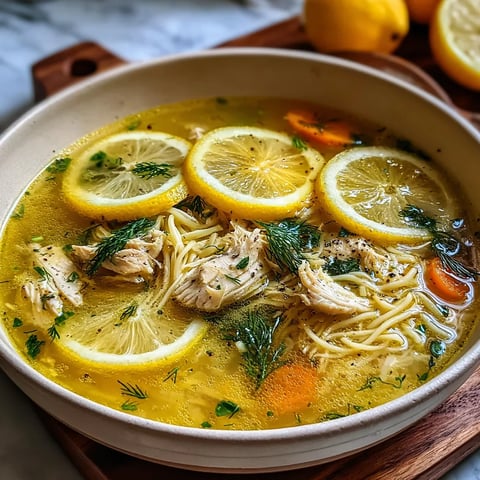 A bowl of soup with lemon slices and chicken.