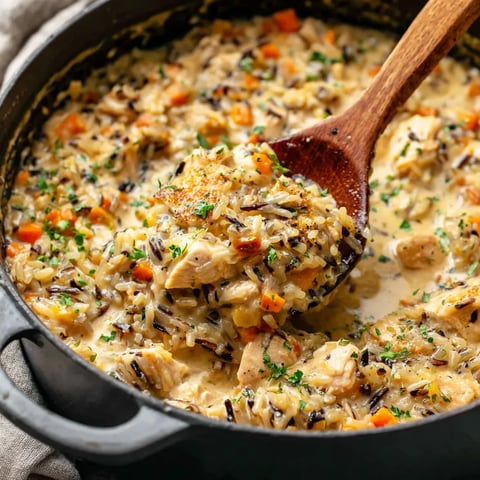 A wooden spoon in a bowl of rice and chicken.