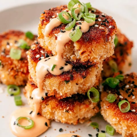 A stack of breaded meat with a sauce on top.