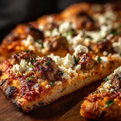 A pizza with meat and cheese on a wooden table.