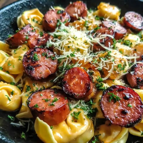 A plate of food with sausage and pasta.