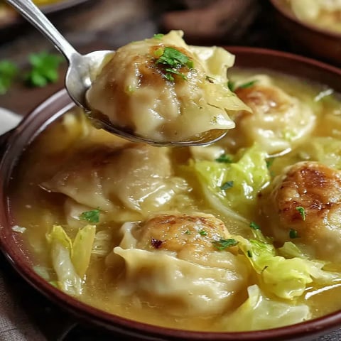 A bowl of soup with dumplings in it.