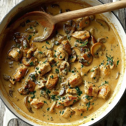 A bowl of chicken and mushrooms.