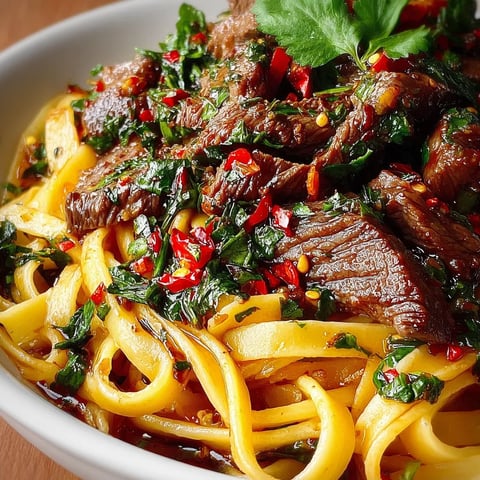 A bowl of pasta with meat and peppers.