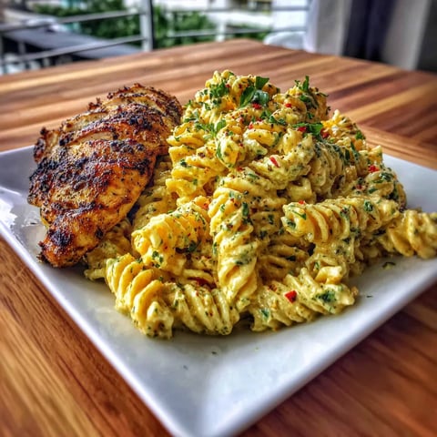 A plate of food with chicken and pasta.