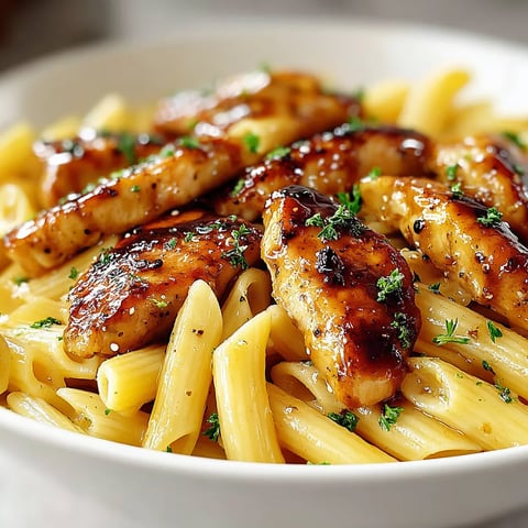 A bowl of pasta with chicken and sauce.