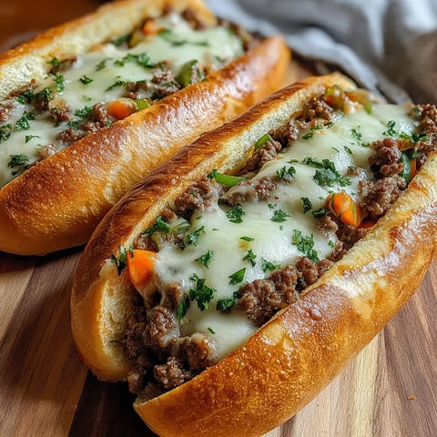 Two sandwiches with meat and cheese on a table.