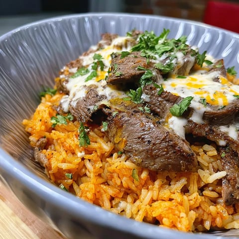 A bowl of rice with meat and cheese.