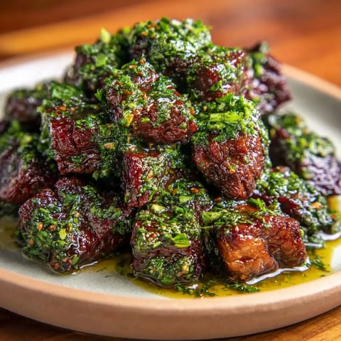 A plate of meat with green stuff on it.