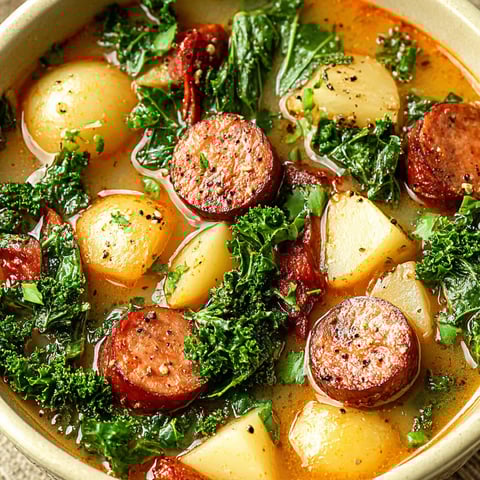 A bowl of soup with sausage and potatoes.