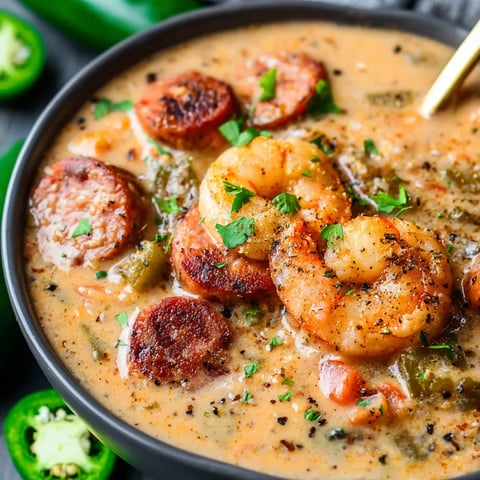 A bowl of soup with shrimp and sausage.