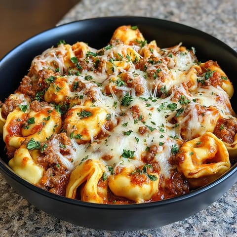 A bowl of pasta with meat and cheese.