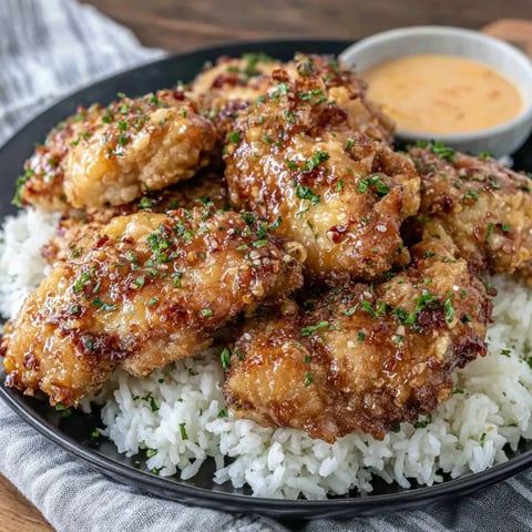 A plate of fried chicken with rice.
