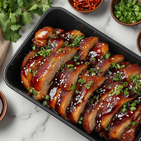 A black bowl of meat with sauce.