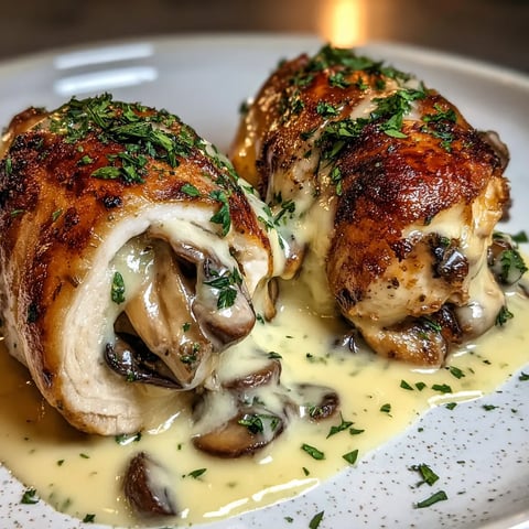 Two pieces of meat with mushrooms and cheese on top.