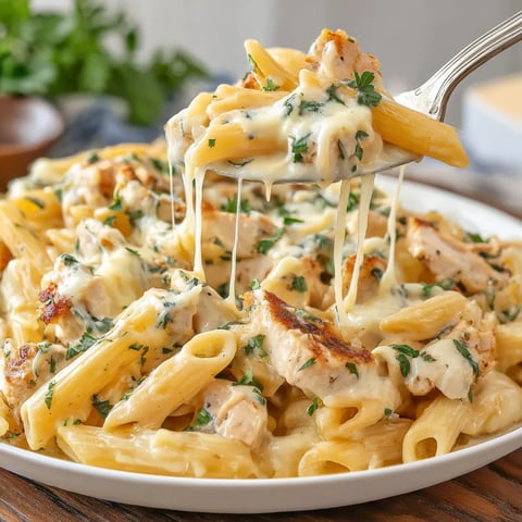 A plate of pasta with chicken and cheese.