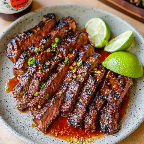 A plate of steak with limes and a bottle of sauce.