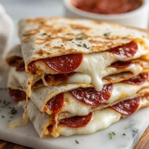 A stack of pepperoni pizza sandwiches.